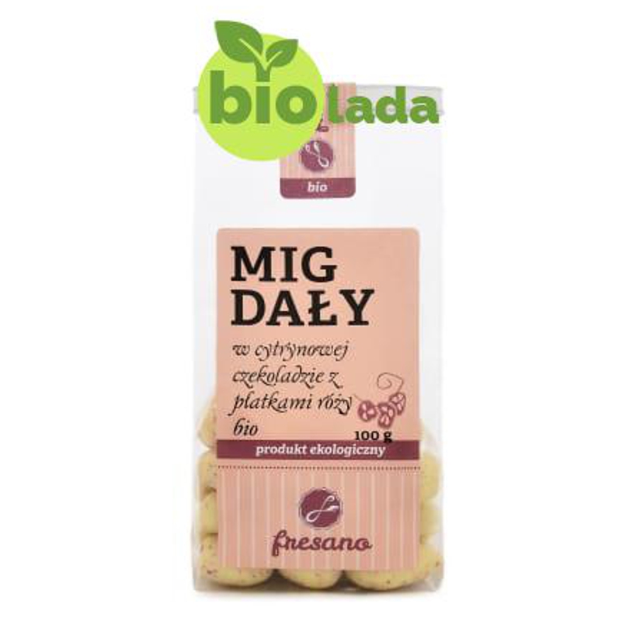 Migdały w cytrynowej czekoladzie z płatkami róży BIO 100  g