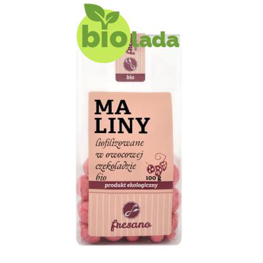 Maliny liofilizowane w owocowej czekoladzie BIO 100  g